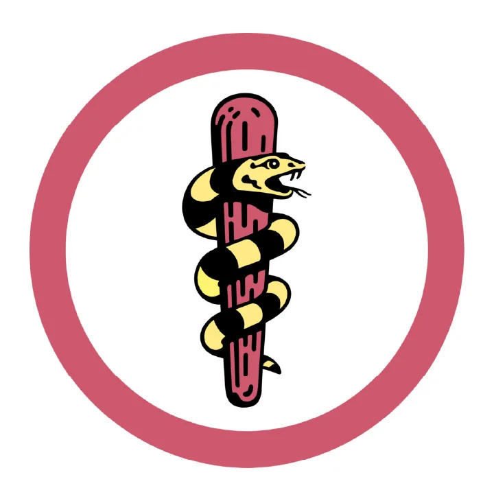 Ilustração do símbolo da odontologia: um bastão central envolto por uma serpente amarela e preta, cercado por um círculo grená.