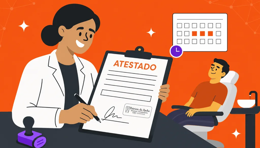 Imagem ilustrativa de dentista assinando atestado odontológico para paciente, com calendário indicando dias de afastamento, software odontológico Clinicorp.