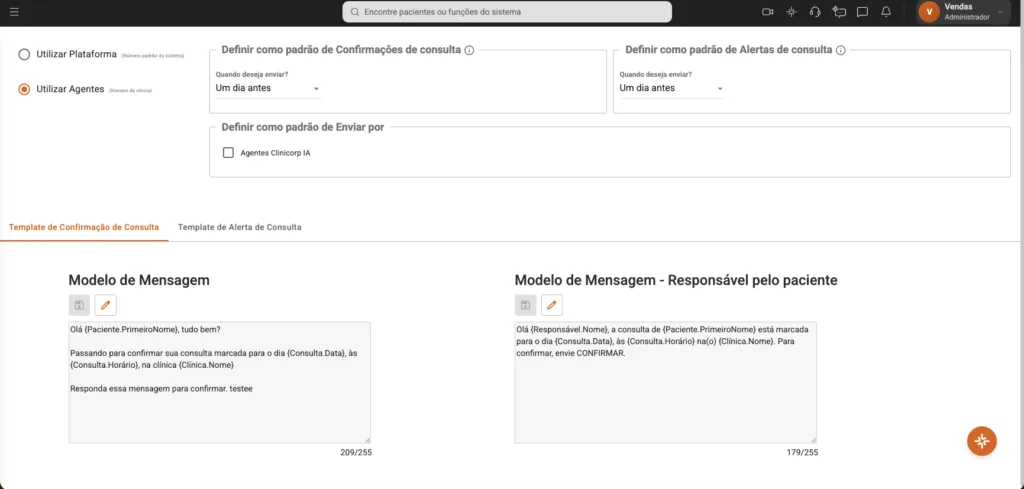 Tela de Confirmação de Consulta Automática via WhatsApp do software odontológico Clinicorp.