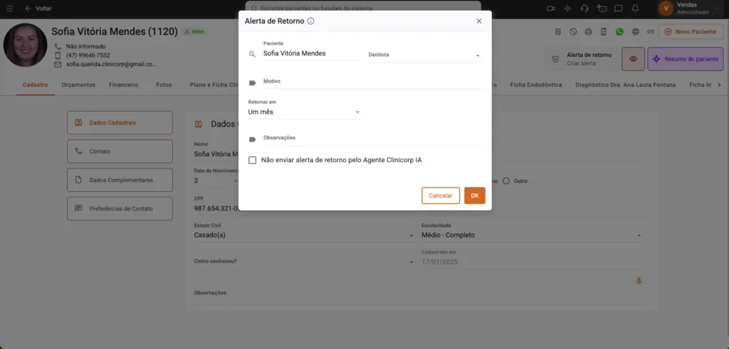 Tela de Alerta de Retorno do software odontológico Clinicorp.