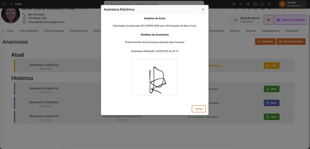 Tela de assinatura eletrônica da anamnese digital do software odontológico Clinicorp.