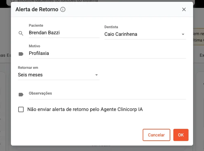 Tela de programação do Alerta de retorno.