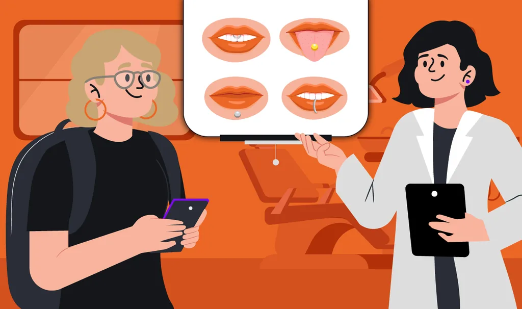 Ilustração de uma dentista orientando uma paciente sobre piercing na boca, com destaque para diferentes tipos de piercing labial e na língua.