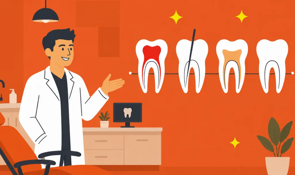 Ilustração de um dentista apresentando os quatro estágios do tratamento endodôntico em dentes ilustrados: polpa inflamada, instrumentação do canal, obturação e dente restaurado.