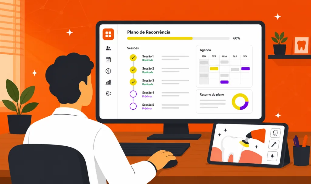 Ilustração de dentista analisando no computador a tela do Clinicorp, com sessões de tratamento concluídas e agendadas, agenda semanal e resumo do plano, além de um tablet ao lado exibindo ícones de procedimentos odontológicos.