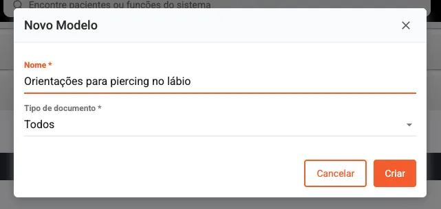 Print da tela onde é possível criar o modelo de documento para orientação de pacientes que tem piercing na boca.