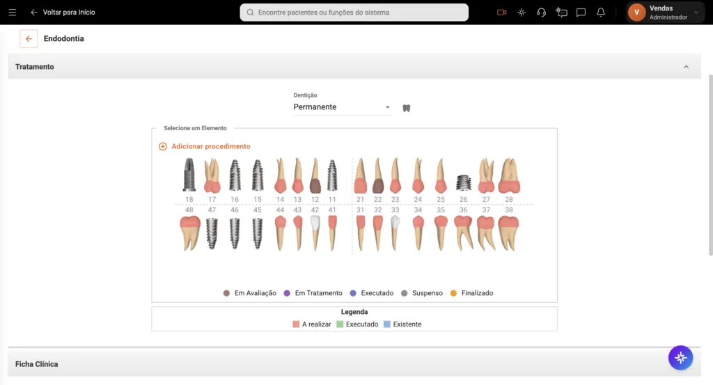 Ficha de Endodontia dentro do Clinicorp.