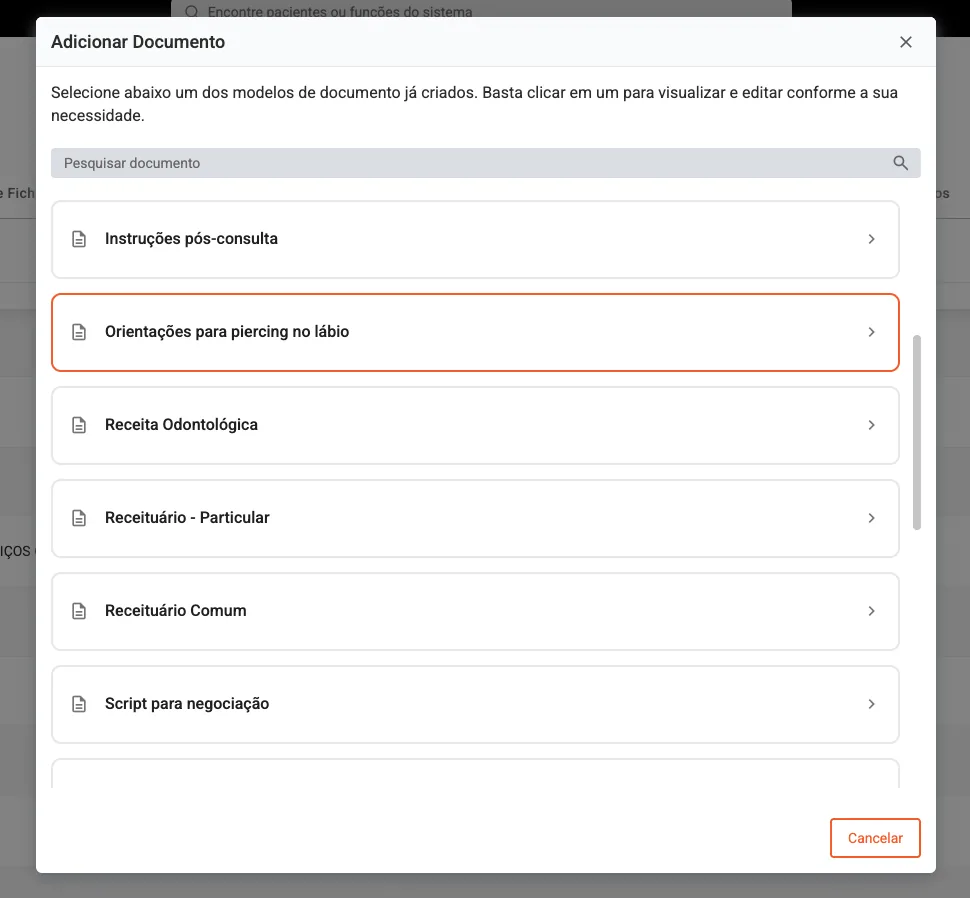 Print da tela dentro do prontuário do paciente mostrando os modelos salvos para envio.