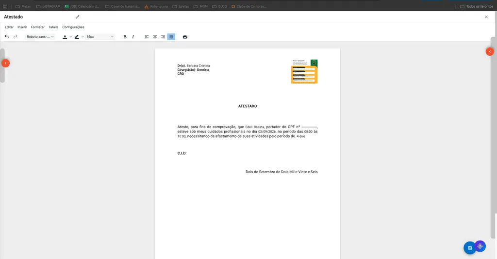 Imagem do editor de atestado odontológico no Clinicorp, exibindo modelo pronto com dados do profissional, período de afastamento e assinatura, software odontológico Clinicorp.