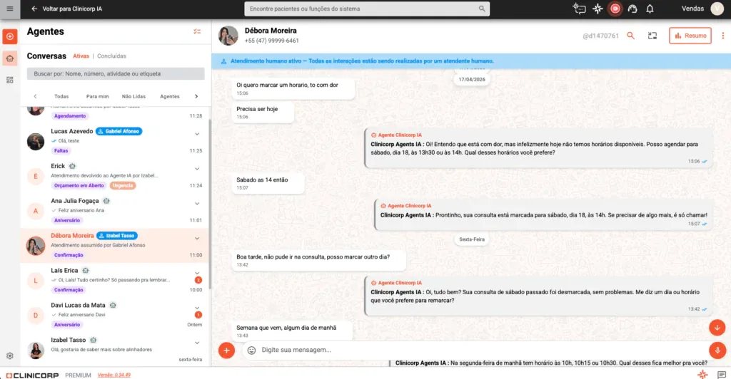 Conversa de WhatsApp em que o Agente Clinicorp IA remarca a consulta de uma paciente