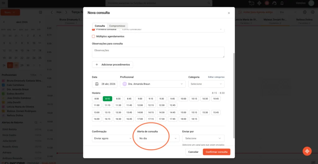 Modal de nova consulta no Clinicorp com o campo de alerta de consulta destacado
