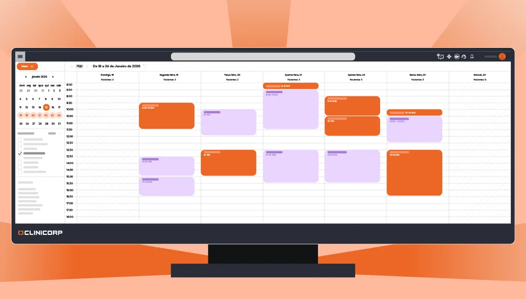 Interface da agenda online do Clinicorp exibindo a organização de horários e agendamentos de pacientes em uma clínica odontológica.
