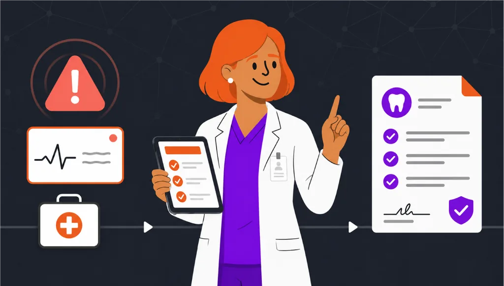 Imagem ilustrativa sobre intercorrência na odontologia, mostrando uma dentista de jaleco branco segurando um tablet com checklist de atendimento, ao lado de ícones de alerta, monitor cardíaco, kit de emergência e prontuário do paciente.