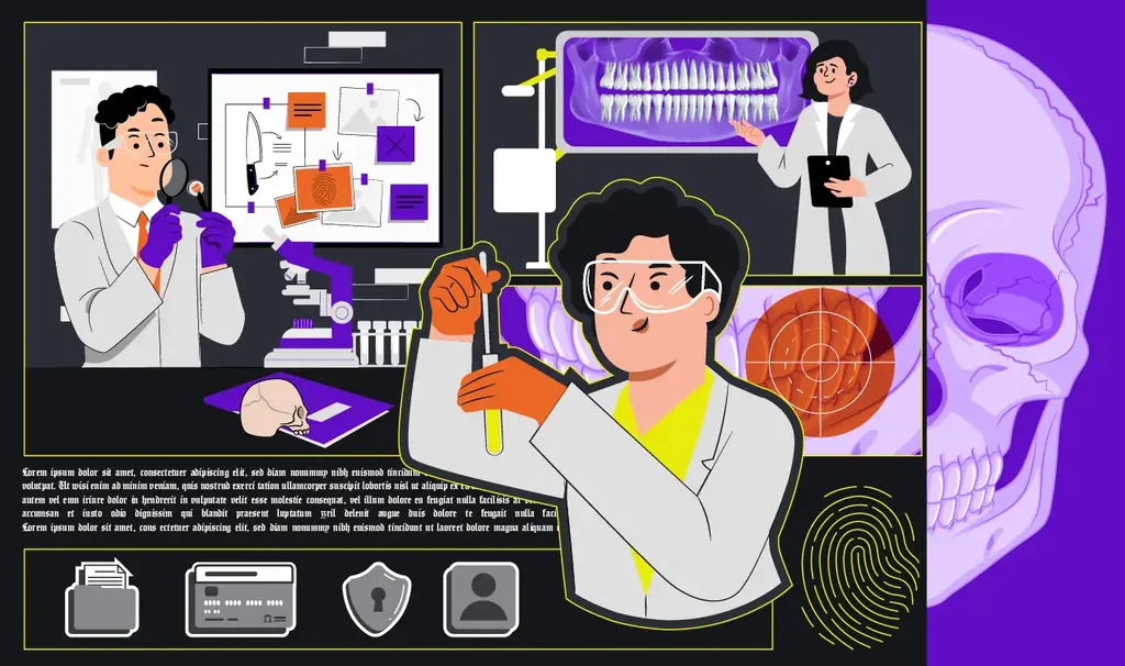 Odontologia forense. Odontolegista analisando evidências.