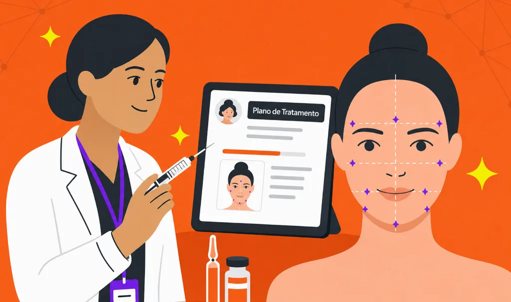 Imagem ilustrativa de harmonização orofacial com dentista segurando seringa ao lado de paciente com mapeamento facial e plano de tratamento digital, representando os procedimentos estéticos e funcionais da especialidade no software odontológico Clinicorp.