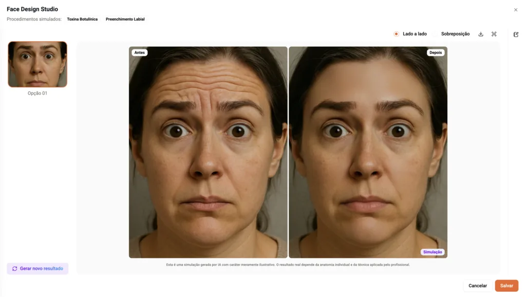 Imagem do Face Design Studio do software odontológico Clinicorp, exibindo simulação de resultado de toxina botulínica e preenchimento labial com comparação antes e depois em foto real da paciente. Recurso de apoio à decisão em tratamentos de harmonização orofacial.