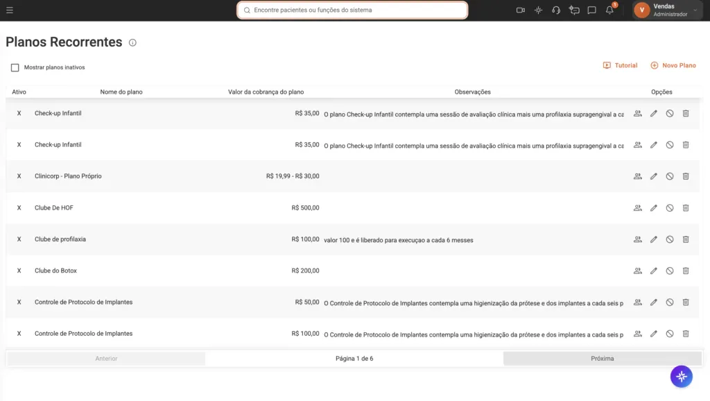 Imagem do painel de Planos Recorrentes do software odontológico Clinicorp, exibindo lista de planos ativos com nome, valor de cobrança e observações. Ferramenta de gestão financeira para tratamentos de harmonização orofacial.