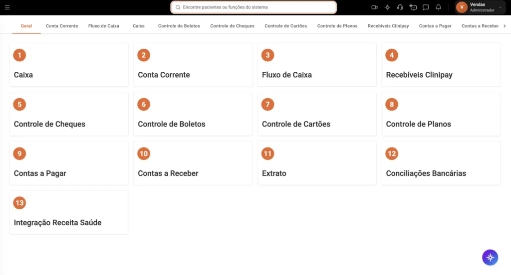 Imagem do painel financeiro do Clinicorp, exibindo 13 módulos integrados incluindo Fluxo de Caixa, Controle de Boletos, Contas a Pagar e Conciliações Bancárias, controle financeiro completo para clínicas de estética que trabalham com preenchedores faciais.