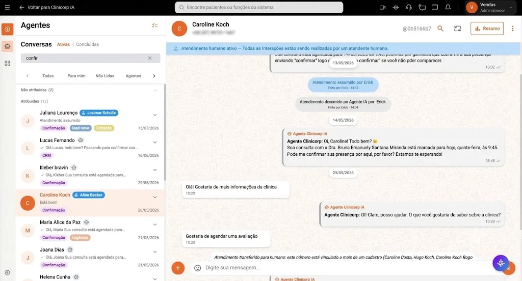 Imagem dos Agentes Clinicorp IA exibindo conversas ativas de confirmação de consulta pelo WhatsApp, com mensagens automáticas de confirmação de presença enviadas aos pacientes, recurso para acompanhamento contínuo em clínicas de estética avançada.