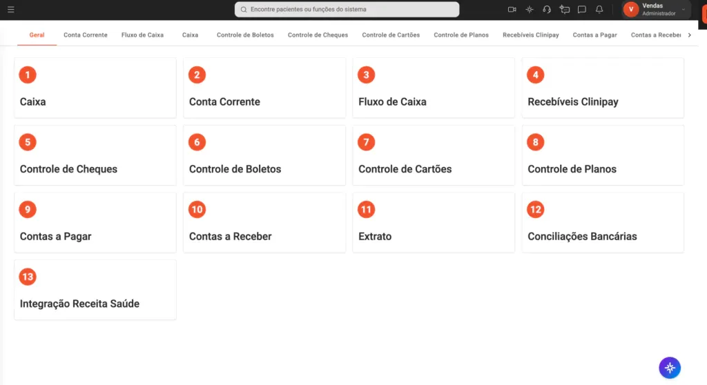 Imagem do módulo financeiro do software odontológico Clinicorp, exibindo 13 recursos integrados para gestão de harmonização orofacial, incluindo Fluxo de Caixa, Controle de Boletos, Contas a Pagar e Conciliações Bancárias.