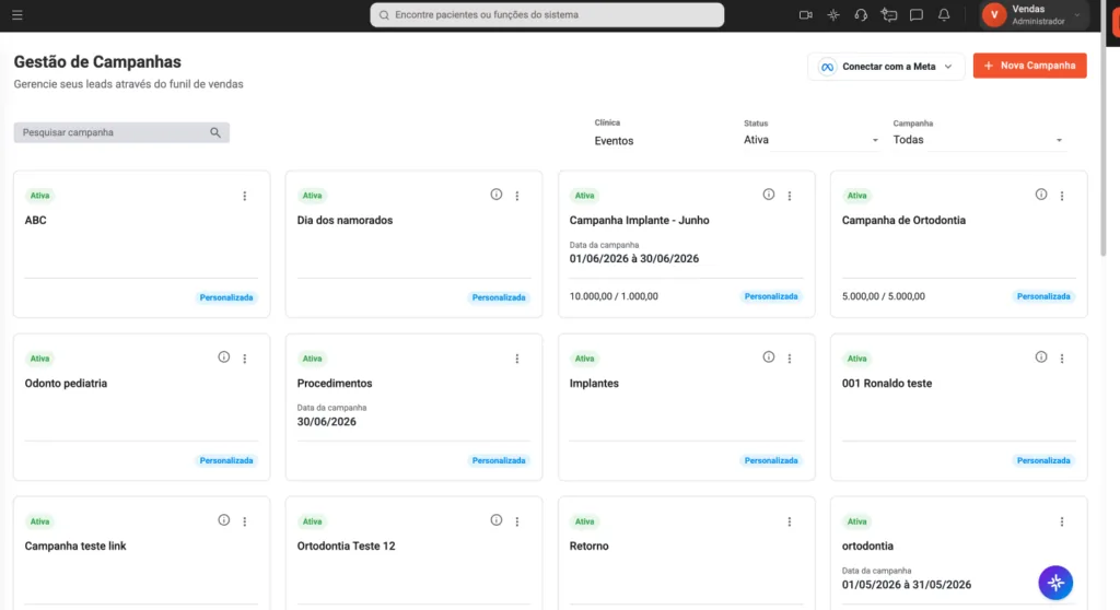 Imagem do painel de Gestão de Campanhas do software odontológico Clinicorp, exibindo campanhas ativas para captação de leads interessados em harmonização orofacial, com controle de status, datas e metas por campanha.