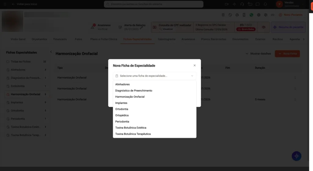 Imagem da seleção de fichas de especialidade em harmonização orofacial no software odontológico Clinicorp, exibindo opções como Toxina Botulínica Estética, Toxina Botulínica Terapêutica e Harmonização Orofacial.