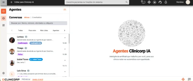 Tela demonstrativa do sistema com os Agentes Clinicorp IA