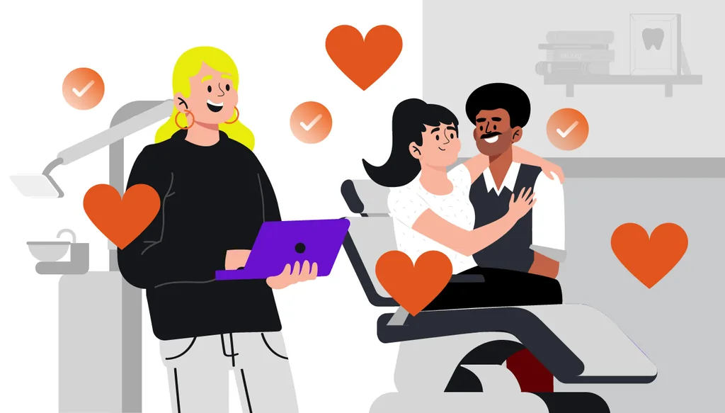 Ilustração de uma clínica odontológica decorada para o Dia dos Namorados, com dentista segurando tablet e casal sorrindo na cadeira odontológica cercados por corações.