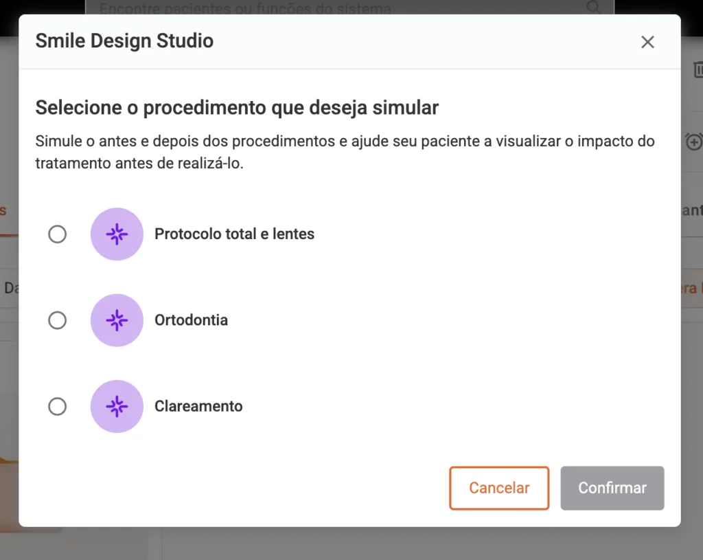 Ortodontia digital: imagem da tela do Smile Design Studio dentro do prontuário do paciente no Clinicorp.