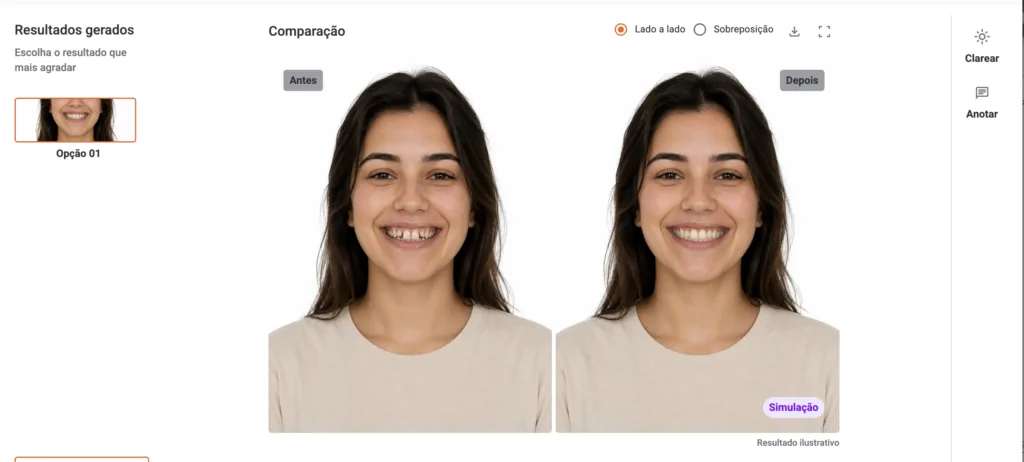 Atendimento odontológico: simulação de antes x depois utilizando o Smile Design Studio dentro do sistema Clinicorp.