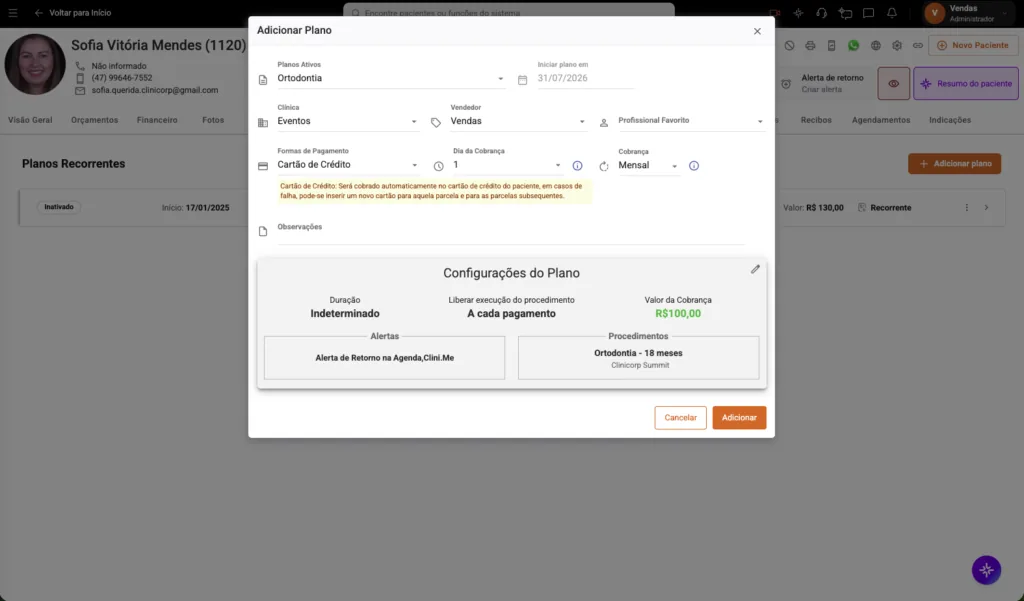 Planos de Recorrência do software odontológico Clinicorp.