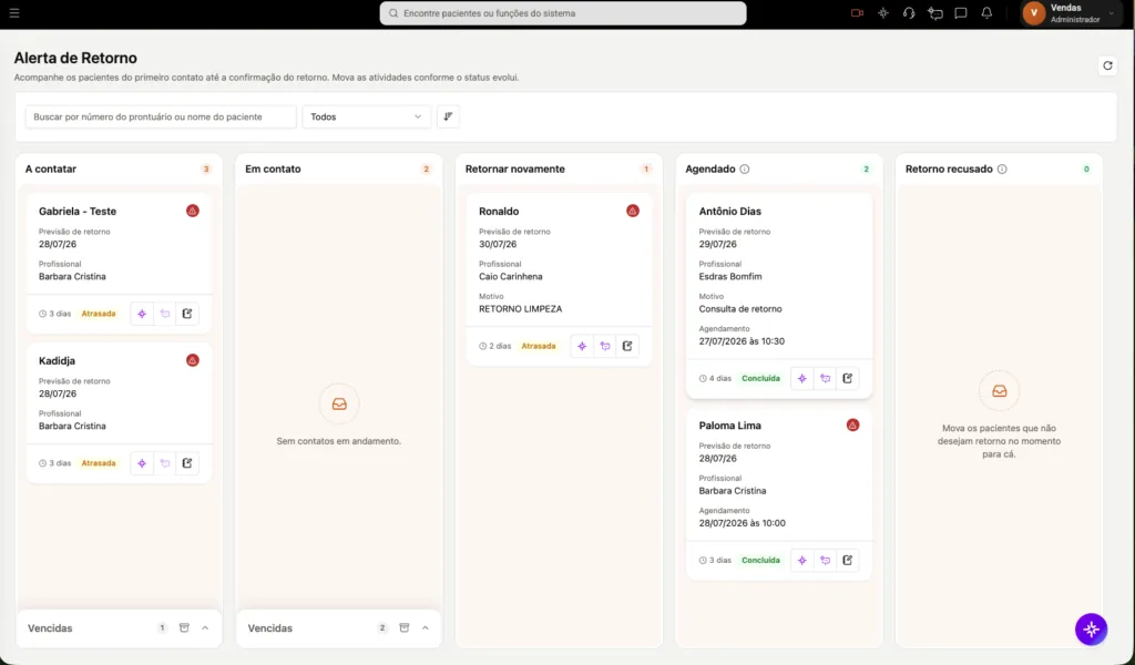 Alertas de Retorno do software odontológico Clinicorp.
