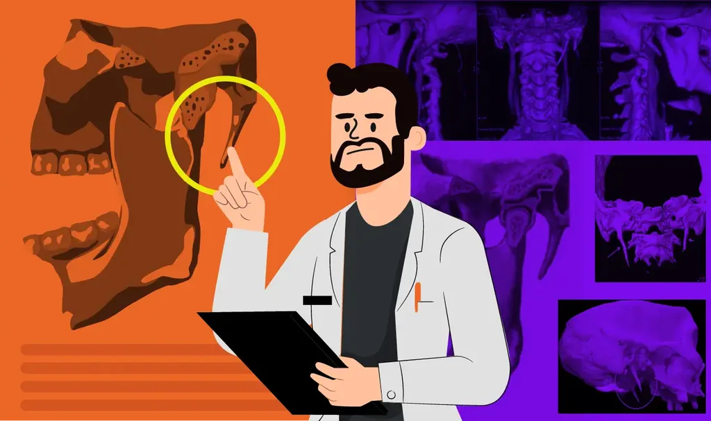 Síndrome de Eagle: imagem ilustrada de um dentista olhando um exame de imagem de um paciente para identificar a causa da dor orofacial.