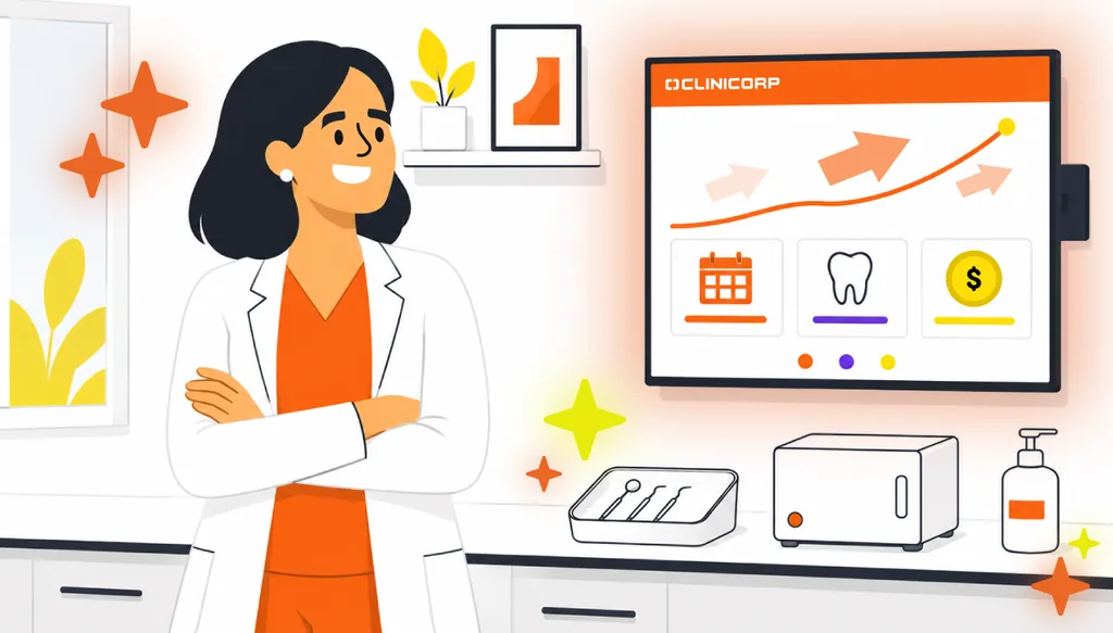 Imagem ilustrativa de dentista organizado em consultório odontológico com painel do sistema Clinicorp ao fundo, exibindo agenda, prontuário e financeiro.