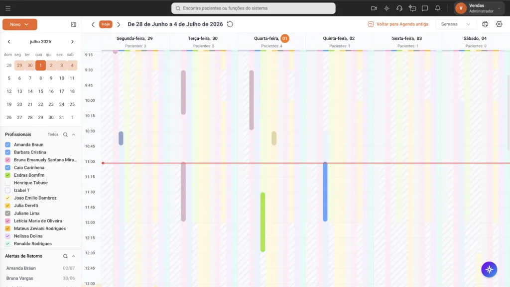 Tela da Agenda Inteligente do software odontológico Clinicorp exibindo a visualização semanal de consultas por profissional, com alertas de retorno e controle de pacientes, recurso essencial para o dentista organizado.
