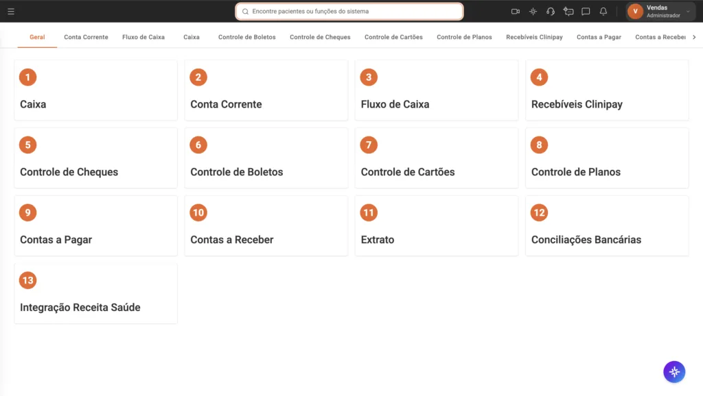 Painel financeiro do software odontológico Clinicorp exibindo 13 módulos integrados, incluindo Caixa, Fluxo de Caixa, Controle de Boletos, Contas a Pagar, Contas a Receber e Conciliações Bancárias, visão completa para o dentista organizado gerir as finanças da clínica.