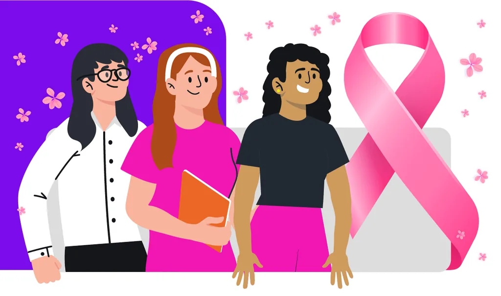 Ilustração de profissionais de odontologia ao lado do laço rosa do Outubro Rosa, representando a conscientização e engajamento das clínicas odontológicas.