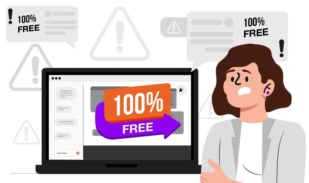 Imagem ilustrativa de uma mulher preocupada ao ver no computador alertas de “100% free” que viram custos ocultos, representando os riscos de usar um software odontológico gratuito.