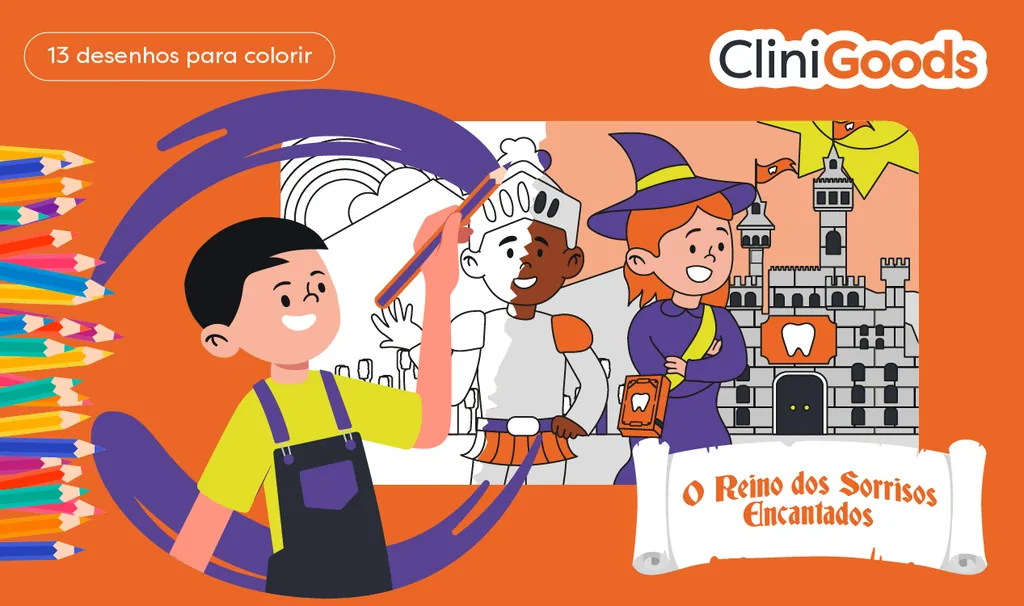 Imagem ilustrativa da capa do material do CliniGoods, mostrando uma criança brincando e colorindo o "Reino dos Sorrisos Encantados".