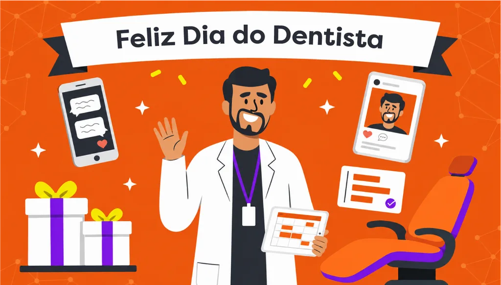 Imagem ilustrativa de dentista comemorando o Dia do Dentista com elementos de agenda, avaliações e atendimento ao paciente, software odontológico Clinicorp.