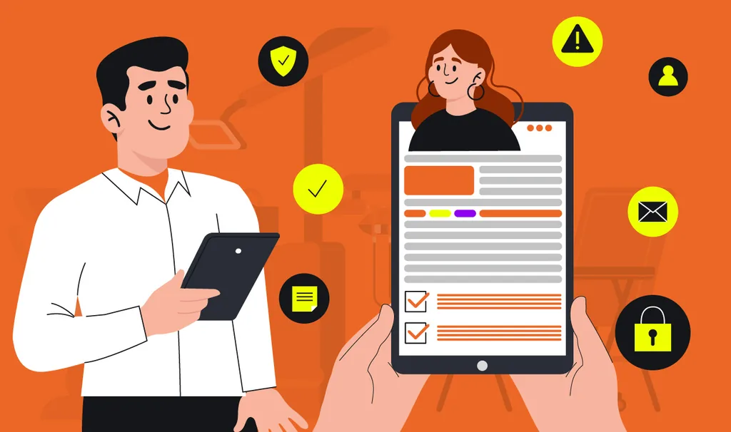 Imagem ilustrativa de um dentista consultando informações de pacientes em uma tela digital, representando as vantagens do prontuário eletrônico na odontologia.