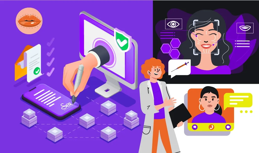 Assinatura digital em clínicas de estética avançada: profissional utilizando tecnologia para autenticar documentos eletrônicos com segurança e praticidade, melhorando a experiência do paciente.