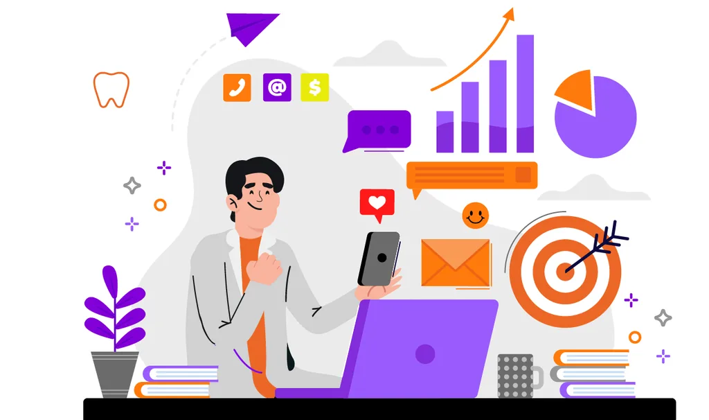 Como marketing digital pode ajudar sua empresa: ilustração de um dentista usando um software odontológico com gráficos de crescimento, ícones de comunicação e engajamento representando como um software odontológico potencializa o marketing da clínica.
