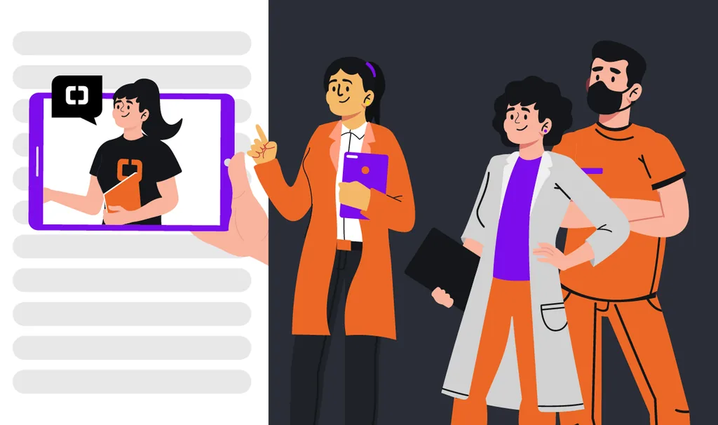 Treinamento de equipe: ilustração de profissionais da saúde participando de capacitação com apoio de tecnologia para clínicas odontológicas.