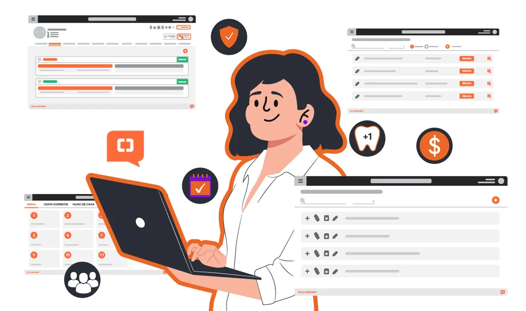 Ilustração de dentista usando laptop com sistemas automatizados, representando os benefícios da automação de processos em clínicas odontológicas.