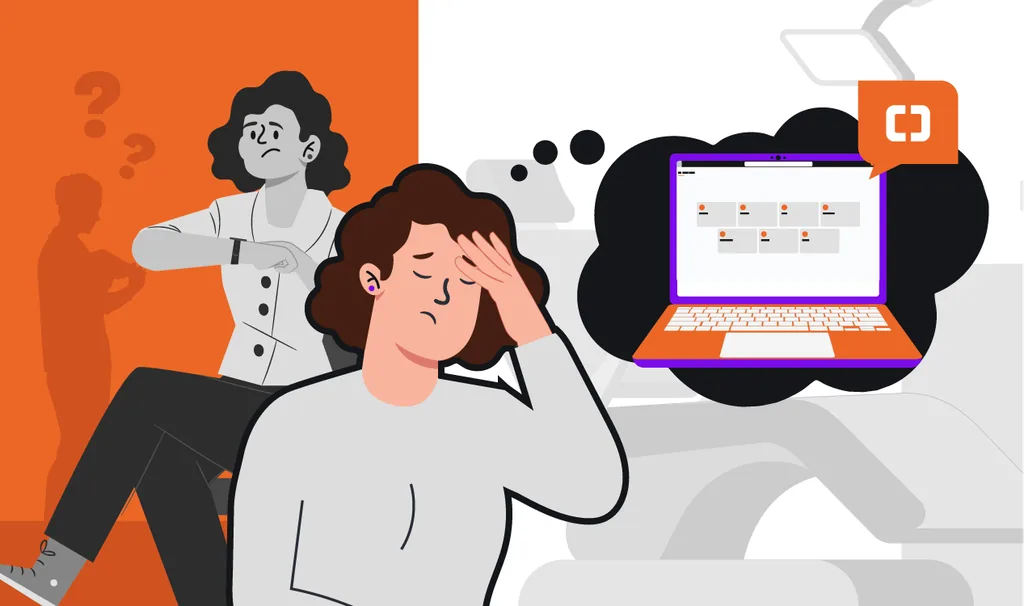 Ilustração de profissionais preocupados com horários vazios na agenda e sistema digital, representando como reduzir faltas de pacientes no consultório odontológico.