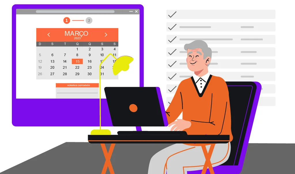 Como funcionam sistemas de agendamentos automáticos: ilustração de um profissional organizando a agenda digital da clínica em um laptop, enquanto uma tela ao fundo mostra um calendário online com datas disponíveis. A imagem representa automação, eficiência e controle da rotina de agendamentos em clínicas odontológicas.