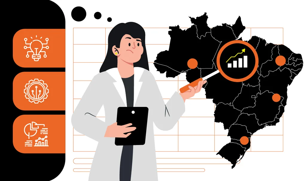Ilustração sobre o mercado odontológico no Brasil mostrando uma dentista analisando um mapa do país com gráficos de crescimento e tecnologia, representando a expansão e as tendências do setor odontológico em diferentes regiões.