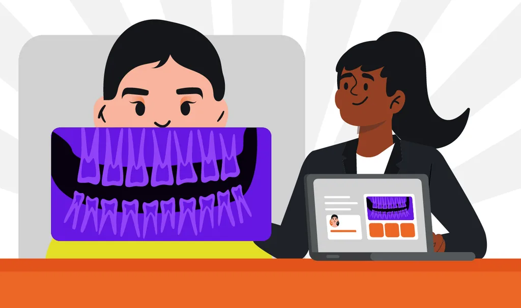 Radiografia digital odontológica: ilustração de uma dentista analisando a imagem digital dos dentes de um paciente em um monitor, enquanto visualiza o mesmo exame integrado no prontuário eletrônico em um notebook, representando o uso da tecnologia na rotina clínica.