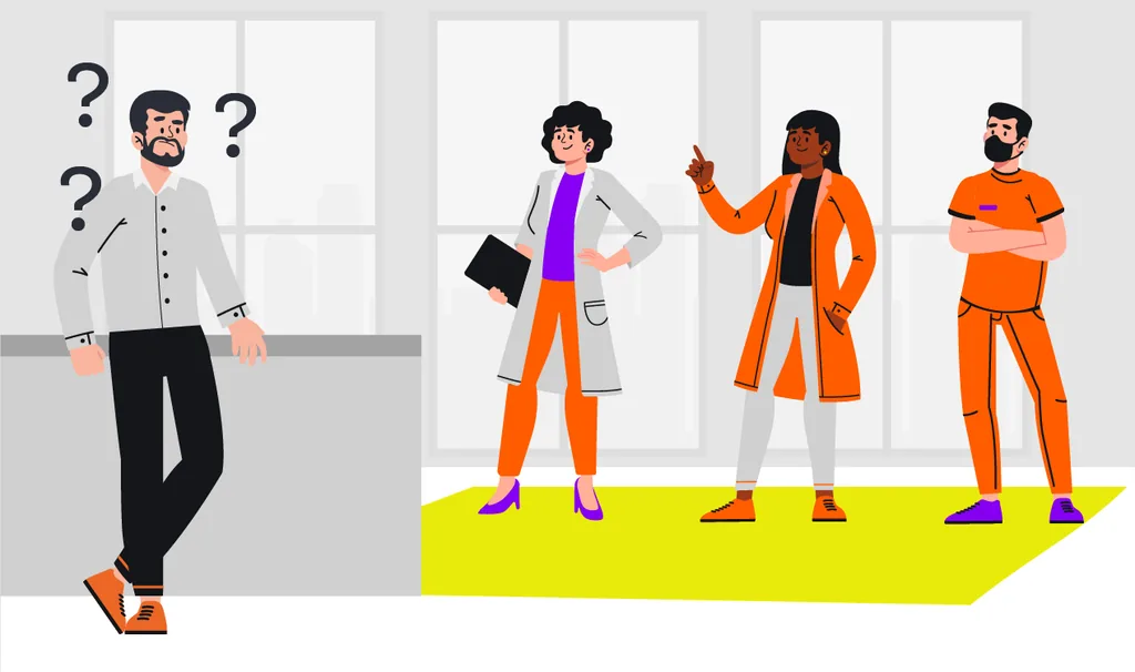 Ilustração de um dentista cercado por equipe aguardando direções, representando o desafio da delegação de tarefas odontológicas, com ícones de interrogação para reforçar a dificuldade em distribuir responsabilidades.